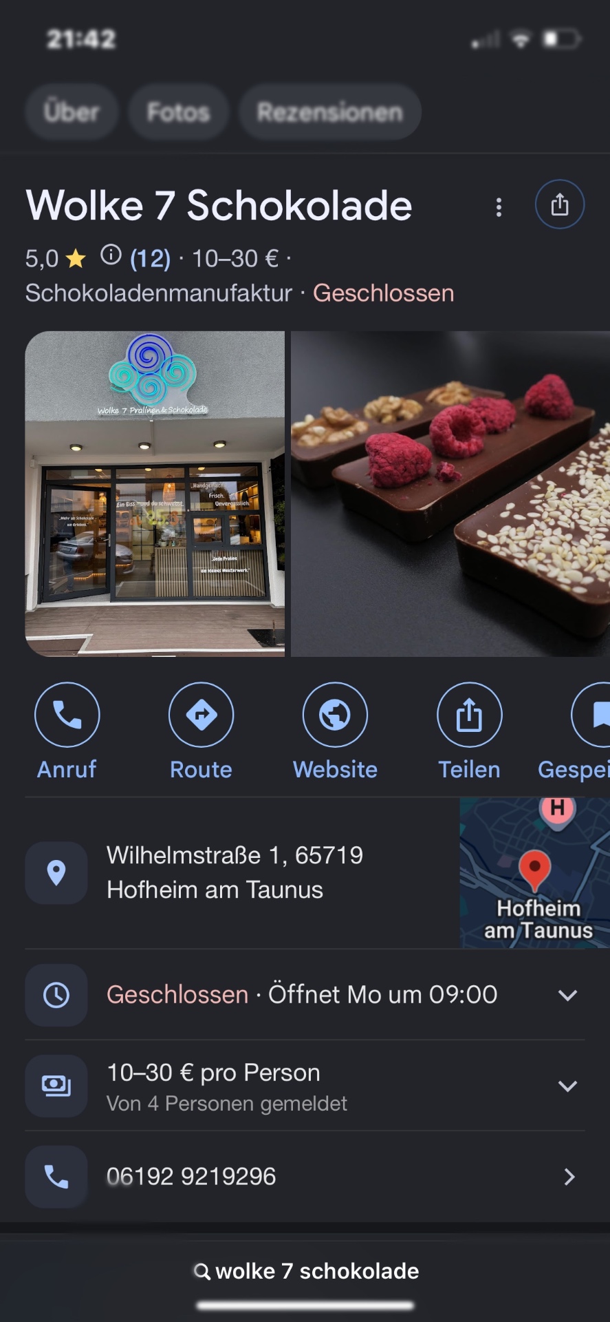 Google-Business-Profil von Wolke 7 Schokolade mit 5,0 Sternen Bewertung