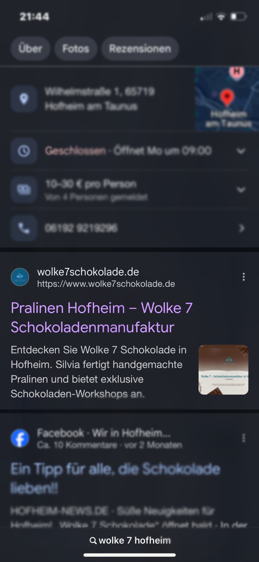 Google-Suchergebnis: Wolke 7 Schokoladenmanufaktur Hofheim auf Platz 1