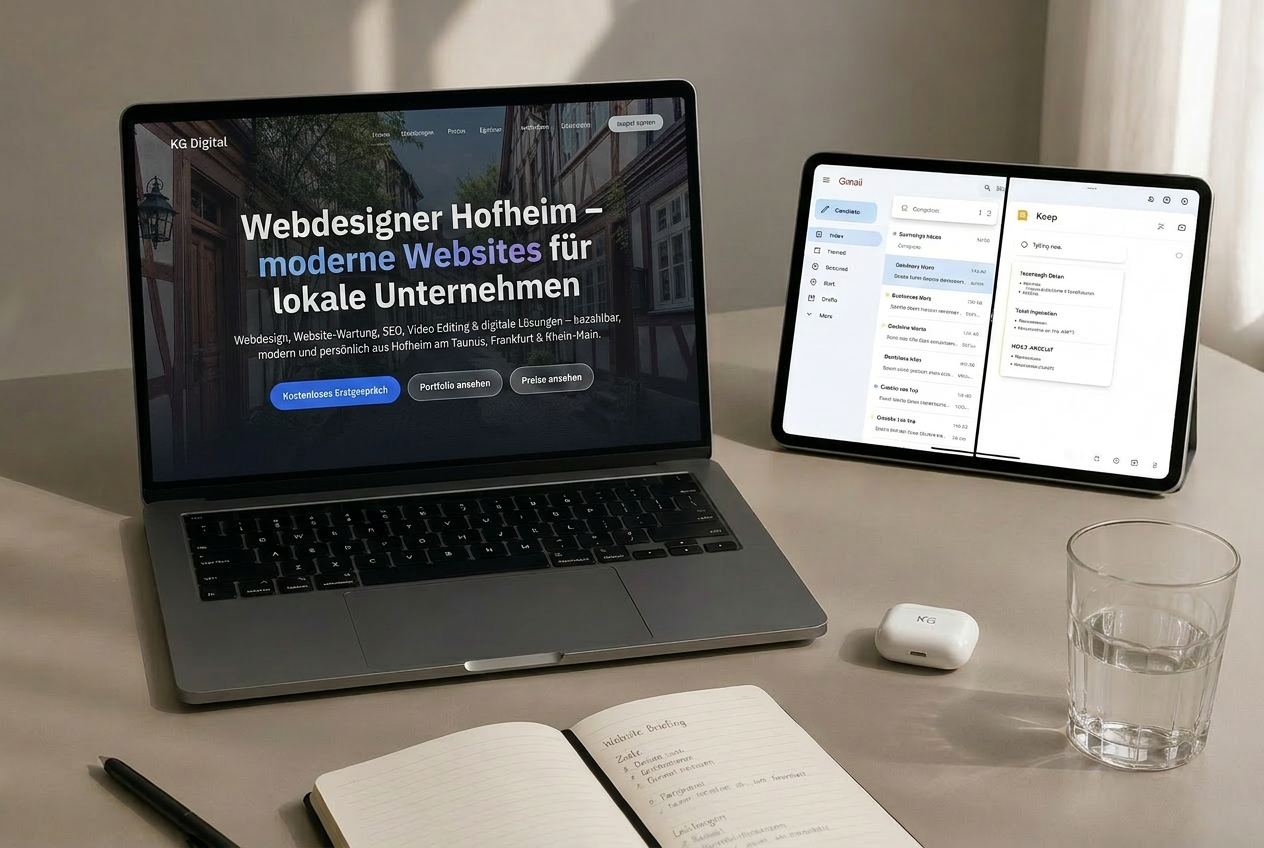 KG Digital – Setup mit Laptop, Tablet und Notizbuch